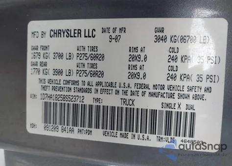 2008 Dodge Ram 1500 Laramie из США, поврежденный, VIN 1D7HA18258S523712